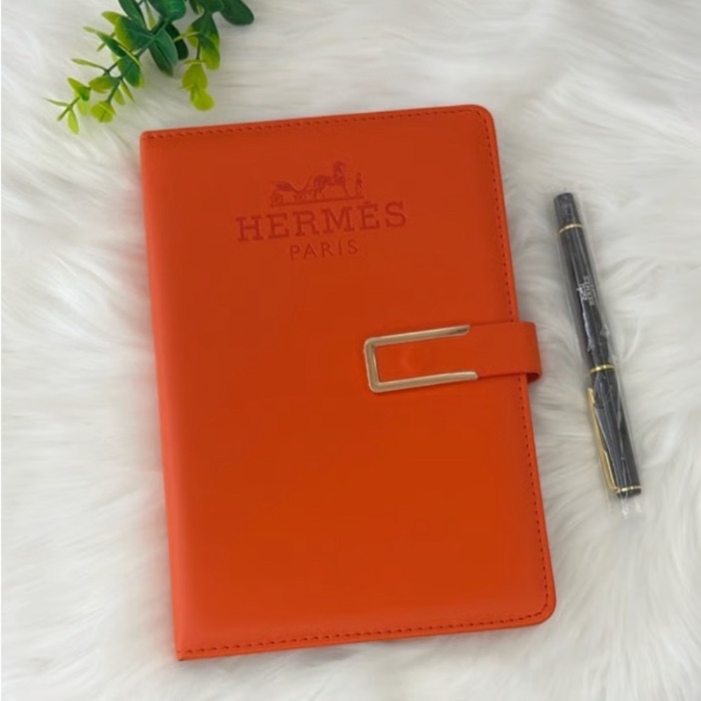 New Sleek Hermes Journal & Pen in Orange Leather. Ideal for Stylish Note-taking